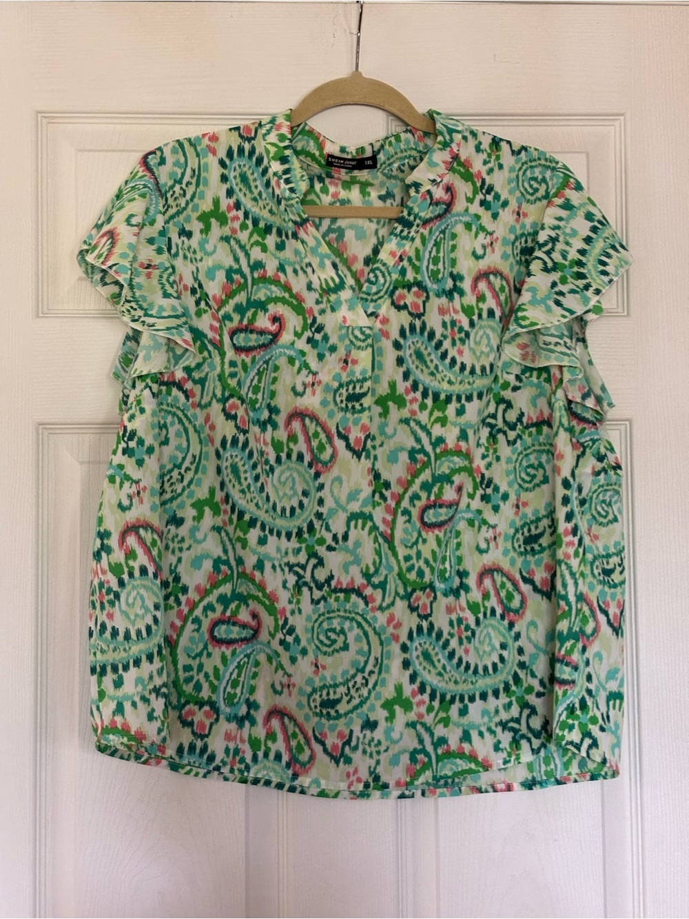 Boho Green Paisley Ruffle Sleeve Blouse - Picture 2 of 7